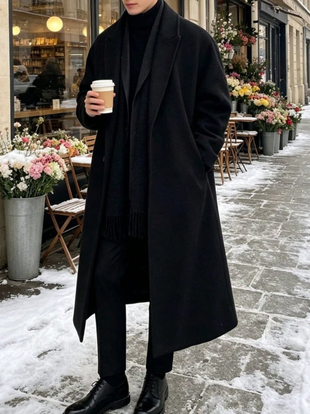 Black Minimalist Men's Double-Layered Long Coat